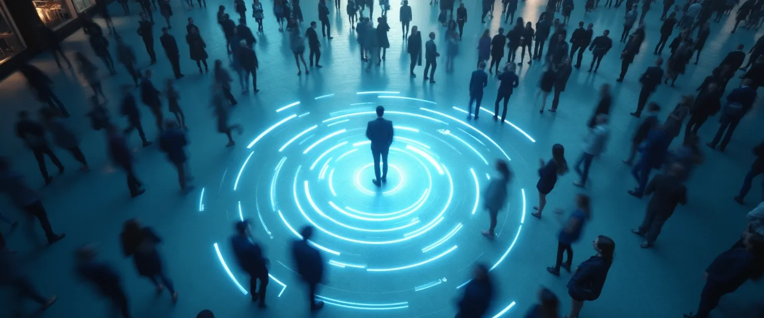 Personal space zones visualization showing concentric circles around a person indicating intimate, personal, social, and public zones